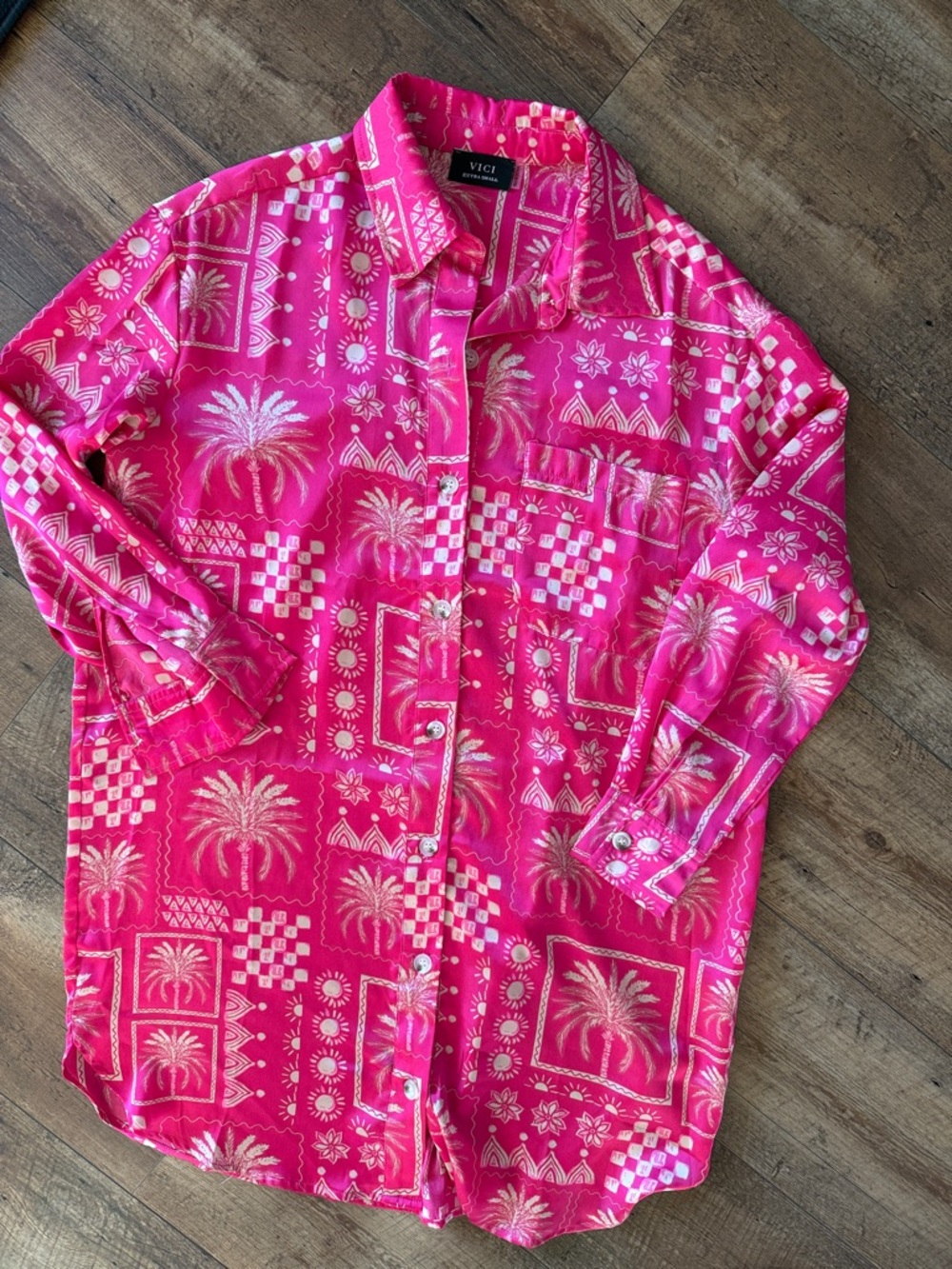 VICI Hot Pink Palm-Print Button dress with Gold Accents